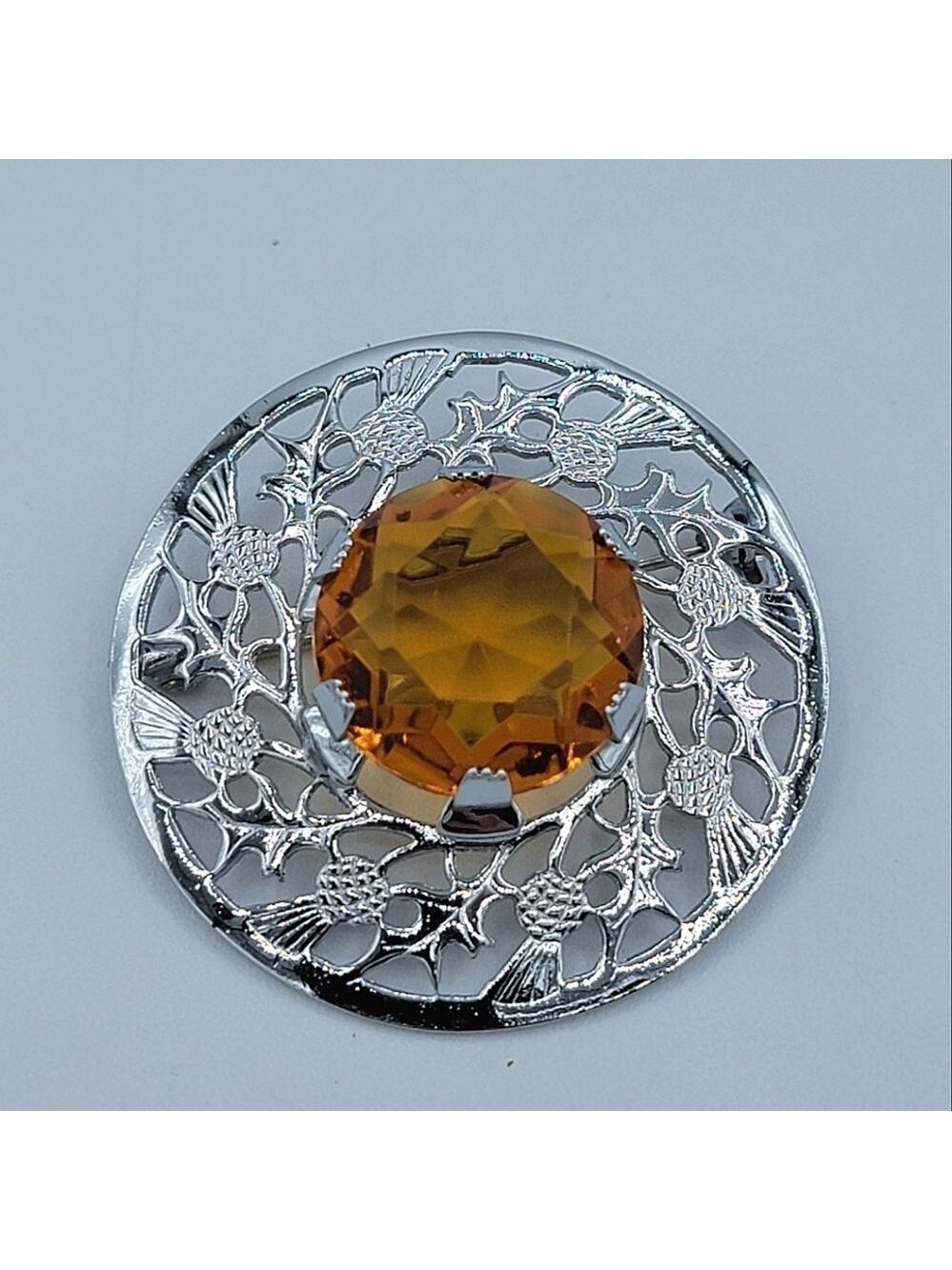 Vintage Mizpah Amber Thistle Brooch Pin Silver Tone Scottish #1899